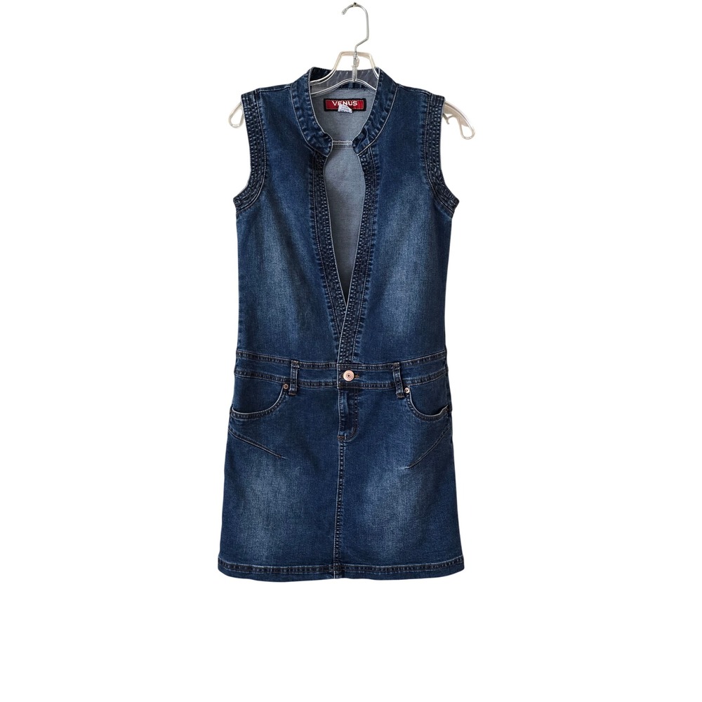 Venus Fashion Jeans Womens Blue Denim Sleeveless Mini Dress V-Neck Size S